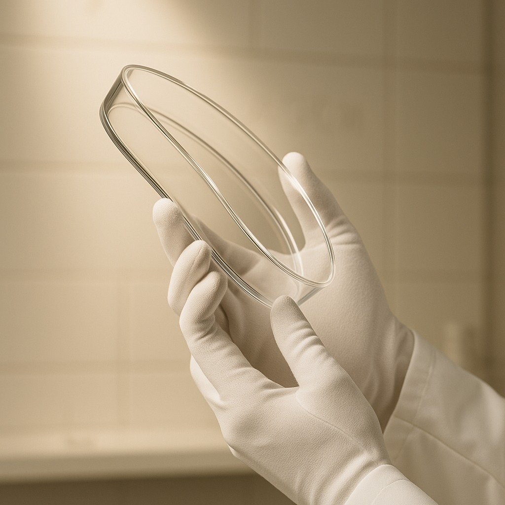 Swiss lab technician inspecting a clear aligner for optical quality
