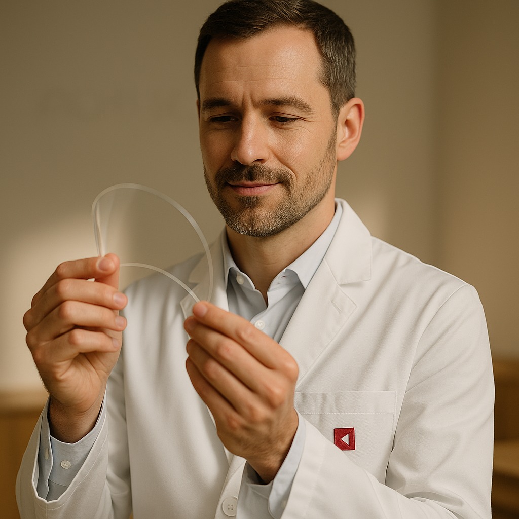 Swiss orthodontist examining a clear aligner