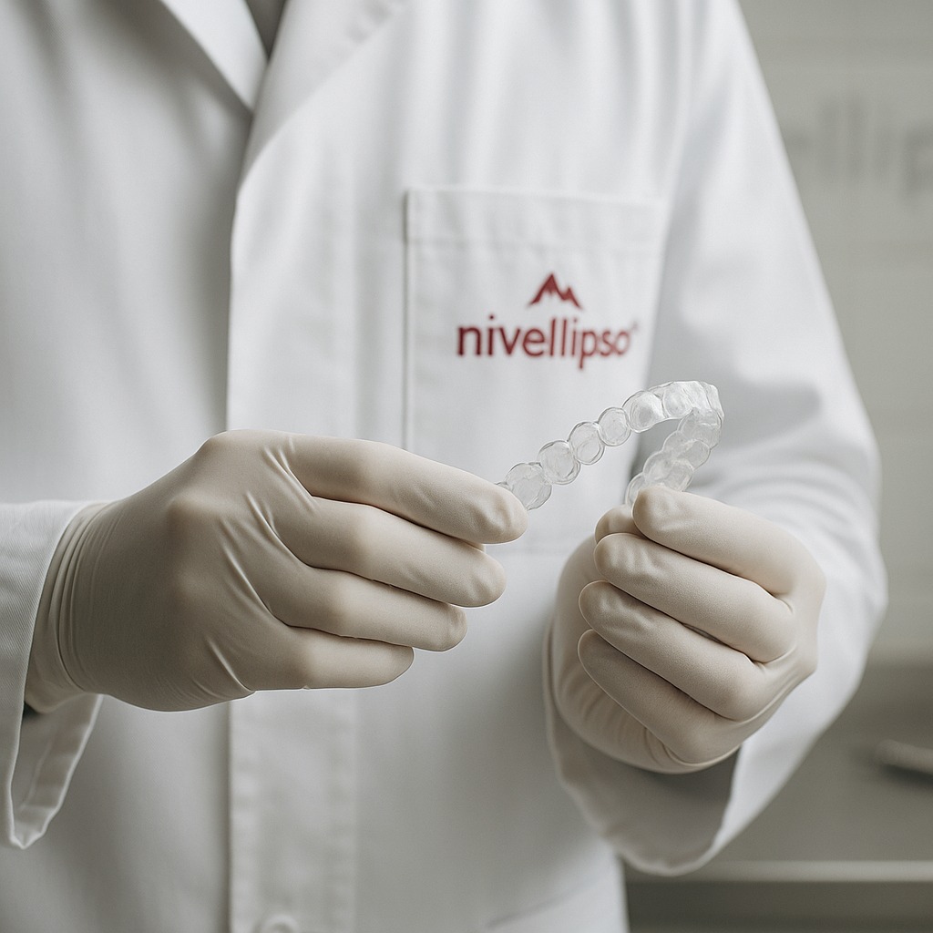 Nivellipso Swiss orthodontic lab — technician placing a clear aligner on a precision tray